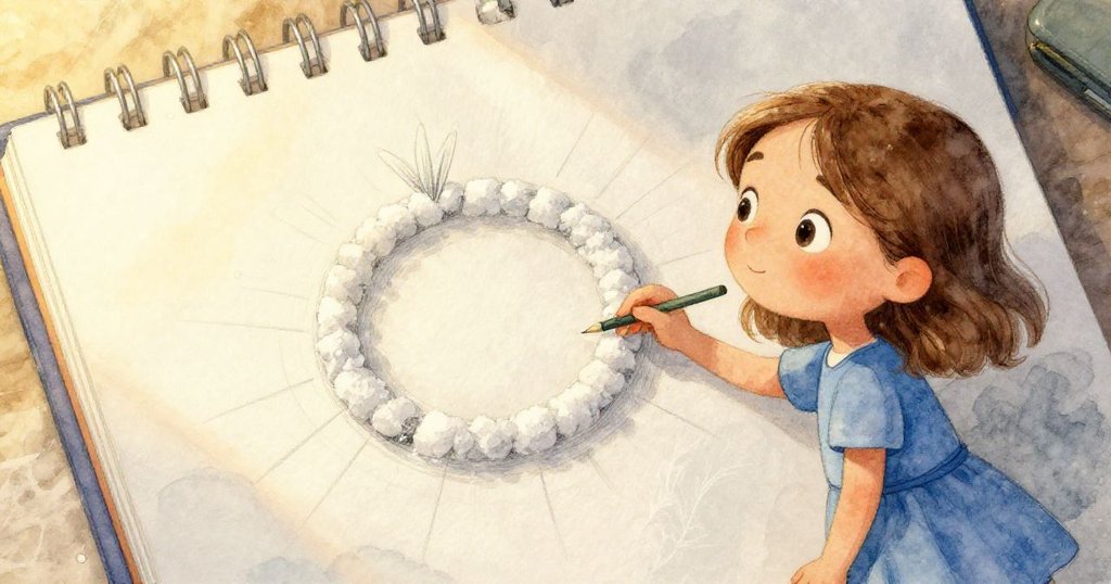 Nadia專注於畫板上鹽環形成的細節，手中鉛筆刻畫浪潮，背景中低掠射線與月魚映襯著海洋變幻。