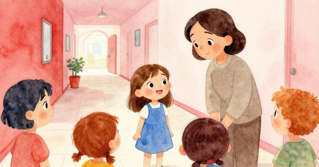 Nadia和看護人以及遊客互動，彼此露出溫暖笑容，隧道與觸摸池背景充滿活力情感。