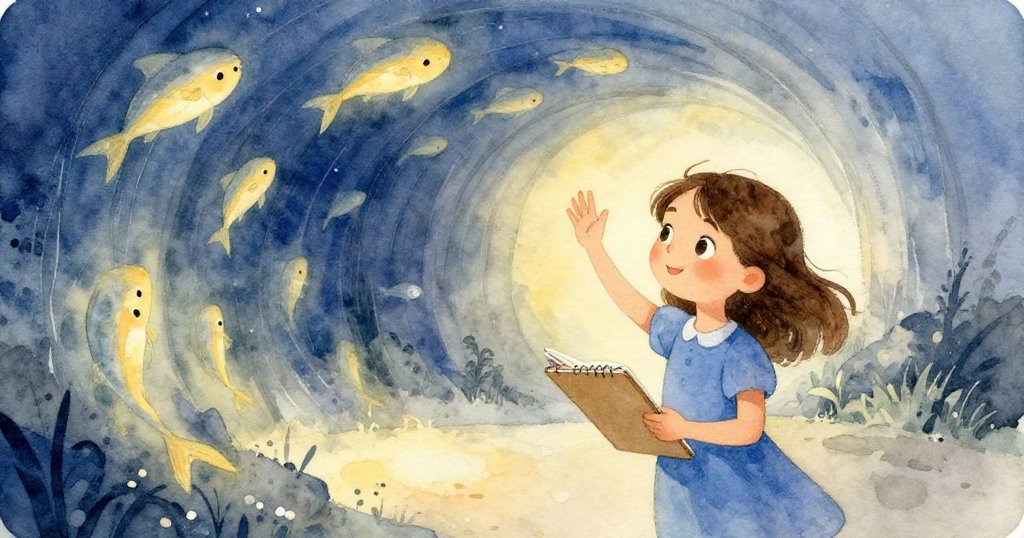 Nadia收拾畫板離開觀察隧道，背對著飄浮月魚和柔和光影，留下創造夢幻與告別情懷。