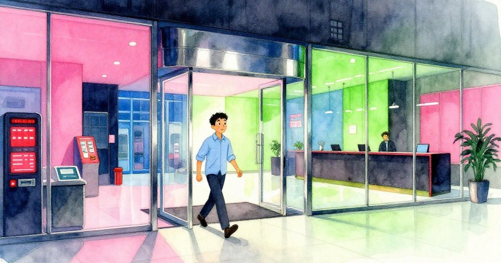 Glen 踏入現代大廳,透過玻璃門進入接待區,數位屏閃爍紅數,氣氛充滿好奇與現代感。