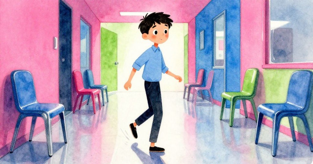 Glen 行走在光亮走道上,腳步印在光滑地面,背景有塑膠椅與現代建築細節,充滿動態節奏。