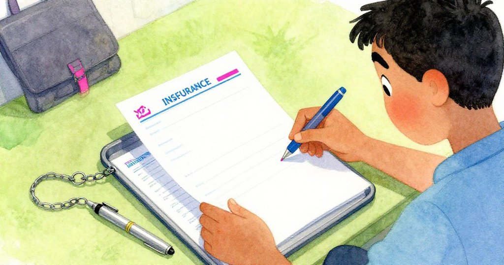 Glen 從背後伸手拿起空白保單,紙上帶有淡藍藍圖細節,手與筆互動,專注探索細節。