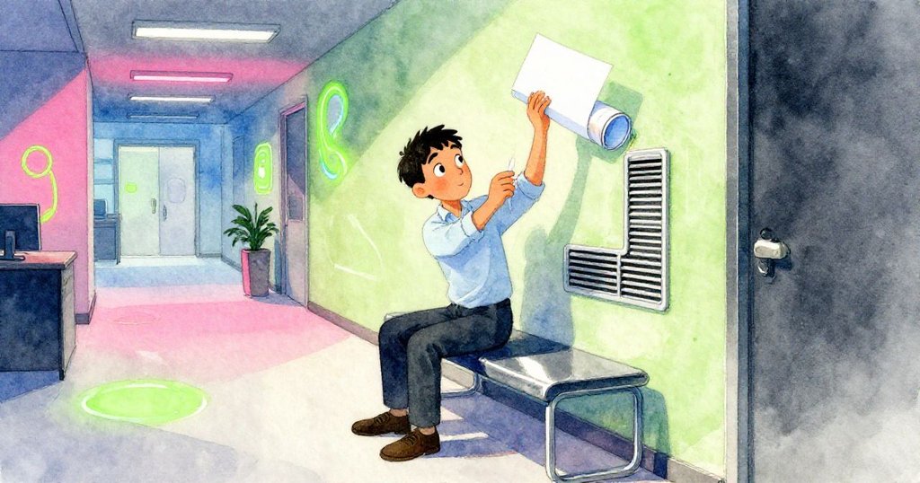 Glen 坐在走廊長椅上,將紙折成管狀穩置於通風口,現實與幻想交織,目光充滿驚奇。