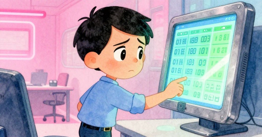 Glen 盯著數位螢幕上跳動不一的票號,表情流露猶豫與矛盾,背景細節暗示內心掙扎。