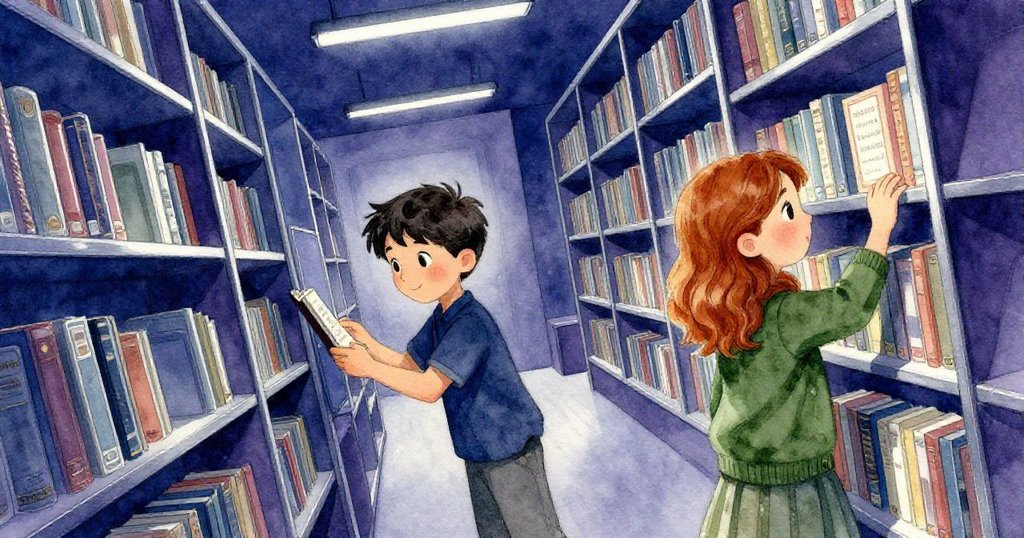 奧斯卡在現代圖書館內掃描書架，維拉伸手取字典，燈光冷冽，角度傾斜呈現神秘感，氛圍安靜。