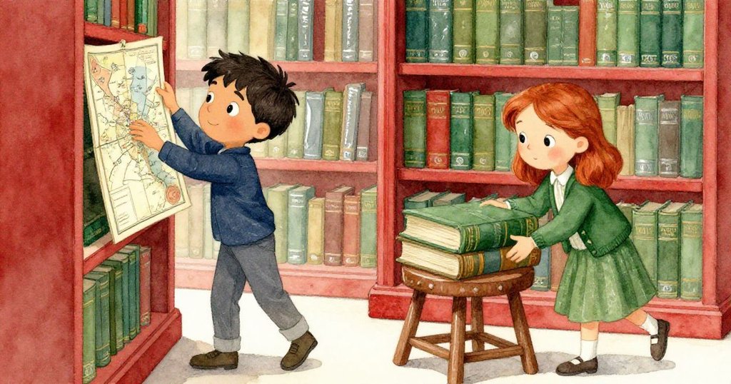 奧斯卡踮腳伸手取高處地圖集，維拉彎腰推動字典，圖書館內充滿緊迫協作感，燈光聚焦细節。