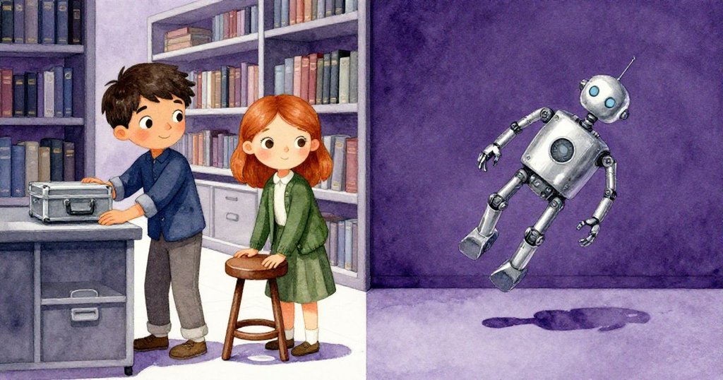 圖分兩半，左側奧斯卡與維拉穩住書架與凳子，右側忘記的手稿飄落在光滑地板上，充滿急迫感與柔情。