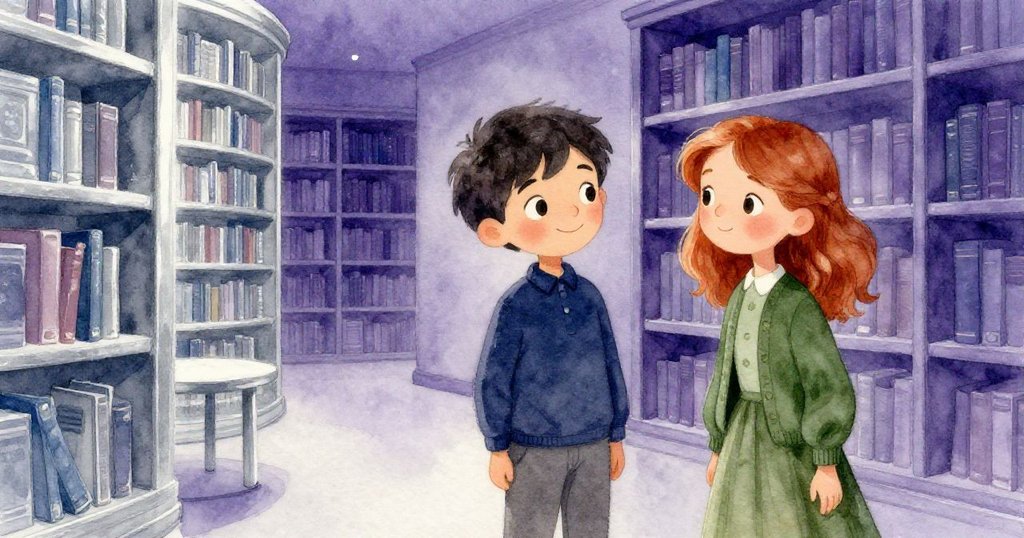 圖書館場景蒙上柔和懷舊色調，書架與凳子散發微光，讓人回憶起塵埃中輕輕散落的瞬間，充滿淡淡溫情。