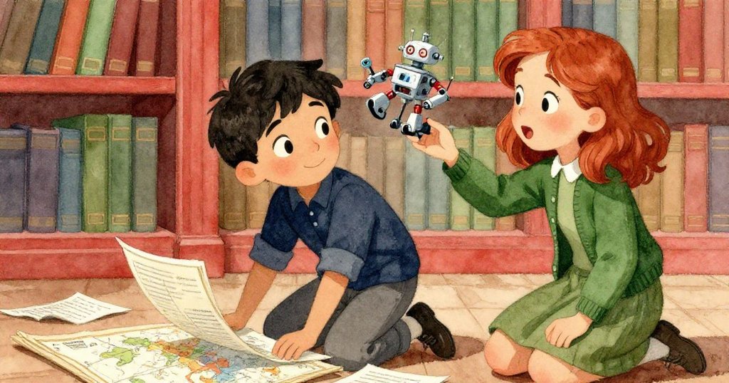 奧斯卡跪地撿起散落書頁，維拉輕捧飛揚手稿，臉上流露驚訝與堅定，細膩情感呈現發現瞬間。