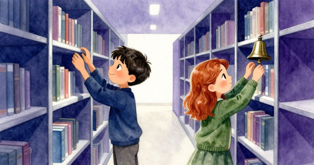 鐘聲響起，奧斯卡與維拉同步將書籍歸位，走廊中充滿理解與滿足，重逢時刻溫馨動人。