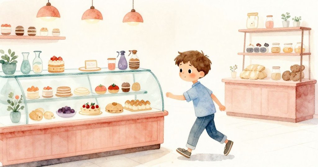 Jude穿越溫暖麵包店玻璃櫃檯，輕觸冰涼邊緣，隊伍活躍，眼中滿是尋找美味希望。