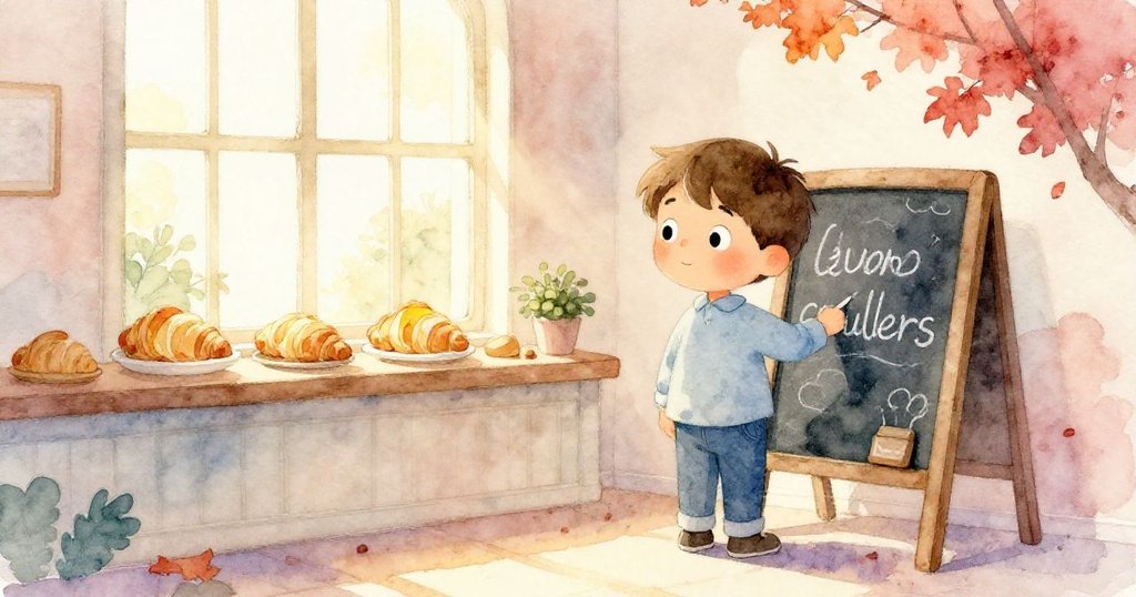 Jude站在落日柔光下凝視粉筆箭頭，臉上展現驚喜轉念，溫暖老式麵包店中氣氛靜謐。