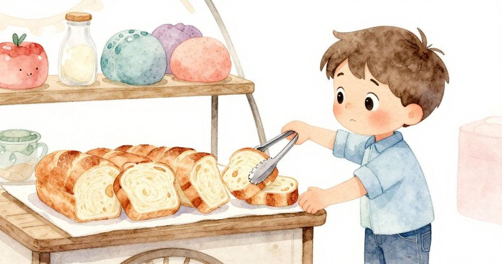 Jude悄然走向側邊櫃台，發現放有切片麵包的推車，靈巧使用餐匙夾起四片麵包，眼神充滿決心。