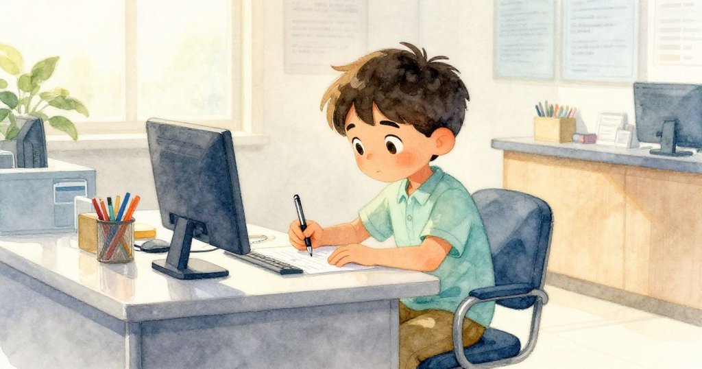 Joel坐在辦事處專心抄寫表格，辦公桌上筆鏈輕觸紙張，晨光柔和映出平靜的情緒，故事開始。