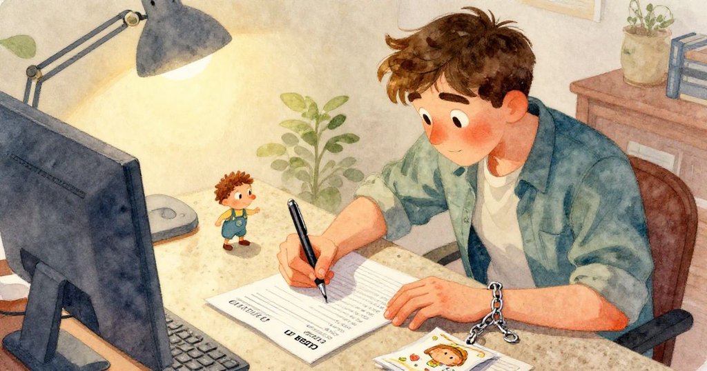 Joel的手輕按受潮文件邊緣，旁邊冒汗的小瓶形成突變，畫面留白突顯事件轉折，情緒變得緊張。