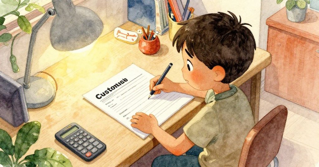 從上方俯瞰Joel在桌前急切補寫受損表格，眼神專注兼帶焦慮，展現故事發展中的緊張氛圍。