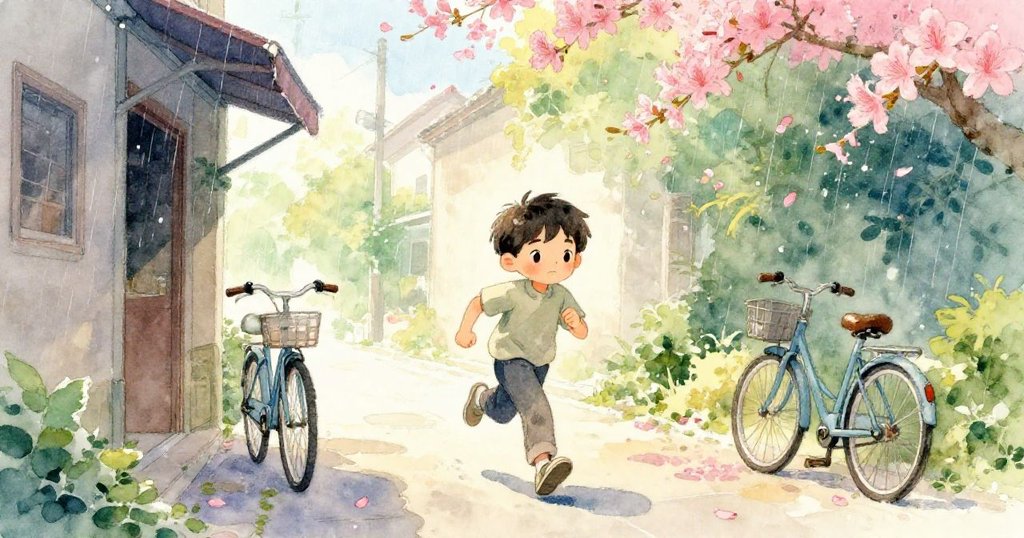 Joel急步跑向單車棚，外頭細雨中花瓣飄落，都市入門與自然相融，表情顯示急切與轉變，場景充滿動感。