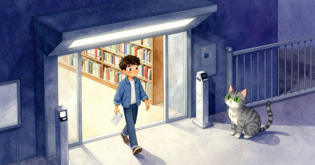 Reed走入現代圖書館入口，手持票卷，旁邊灰色虎斑貓警覺注視，燈光閃爍營造出冷靜氛圍。