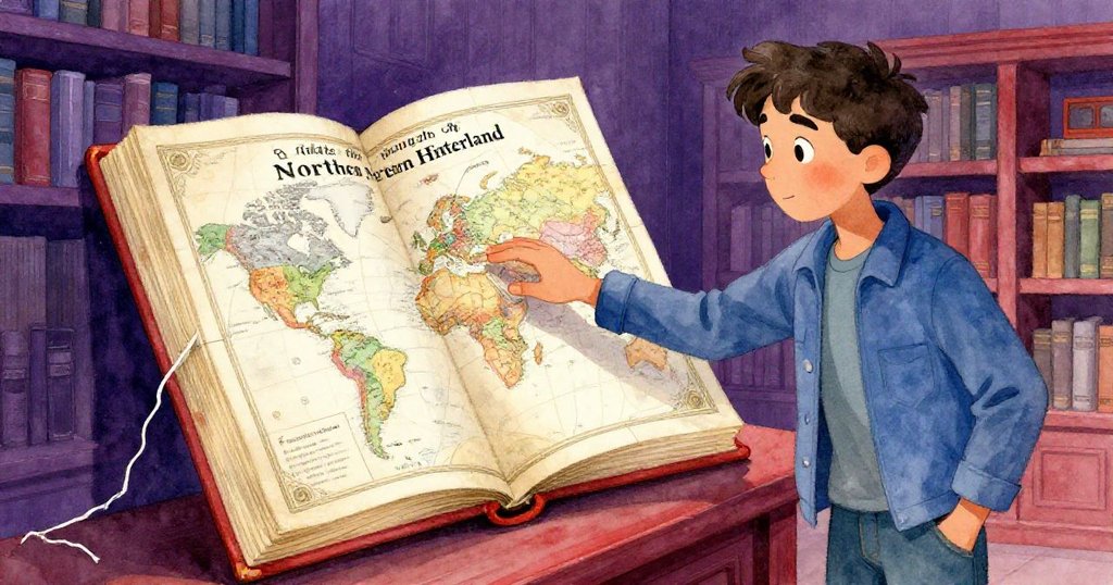 Reed凝視一本破舊地圖集，悠然伸手觸碰那條散落的線頭，象徵著探索與時間流逝的意涵。