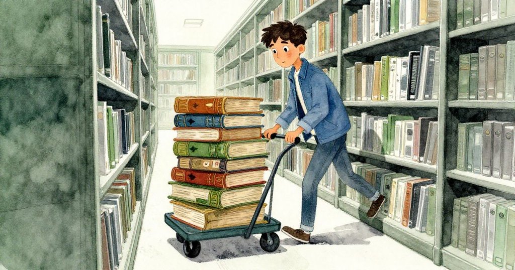 Reed在狹窄書架間追隨滿載地圖集的推車，畫面傾斜增添動感，營造出緊迫與未知的圖書館氣氛。