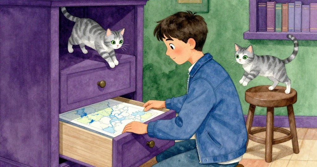 Reed小心拉開地圖櫃下的抽屜，藍色墨跡勾勒出隱藏地圖，旁邊虎斑貓優雅躍起增添靈動氣息。