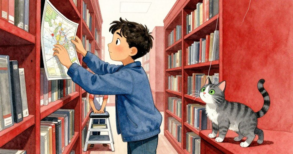 Reed緊張伸手取下高架上的地圖集，工作人員輕推腳凳，虎斑貓調皮撥弄懸線，瞬間定格充滿張力。