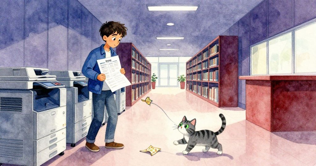 Reed手捧複印圖表走向複印機區，圖書館燈光逐漸暗淡，虎斑貓靜靜玩弄散落線頭，象徵探索旅程告一段落。