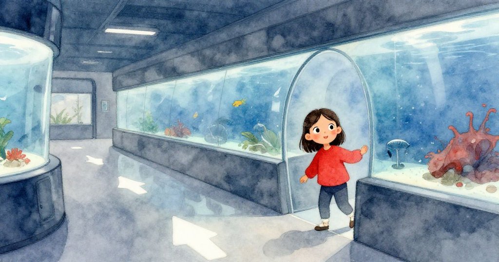 Ruby 穿著紅色上衣，在明亮大廳內好奇走入觀察通道，反射著藍色霧氣，地板上白色箭頭閃耀，充滿現代美感