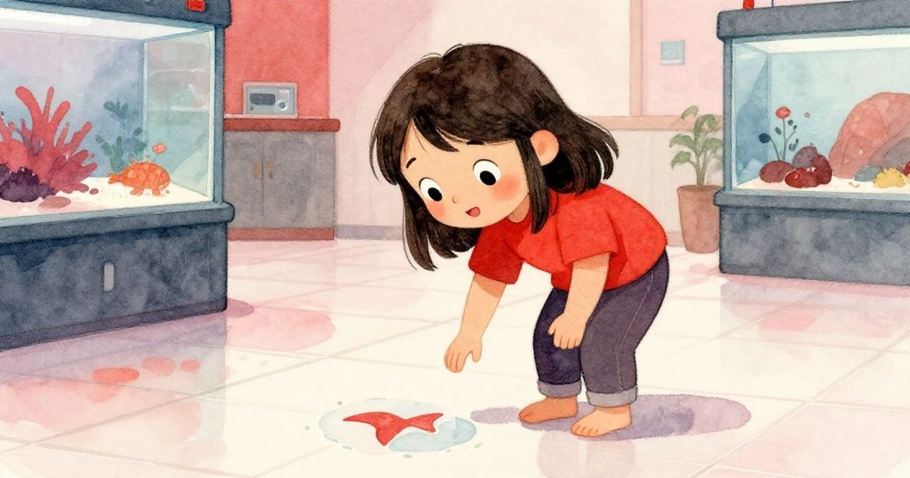 Ruby 彎下身子仔細查看地板上的濕水印記，腳步旁有其他參觀者走動，展現現代水族館環境