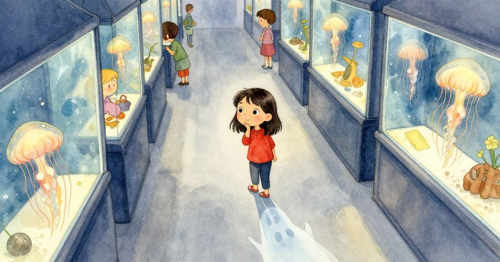 Ruby 在擁擠狹窄的水母走廊中猶豫，從高處俯視她在地板上的幽靈般水印，神情專注且小心