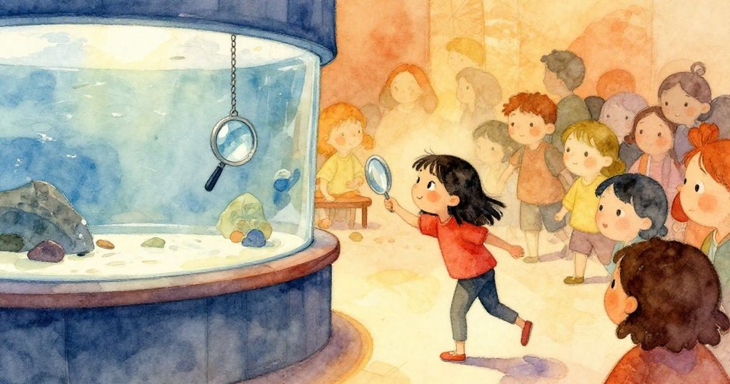 Ruby 穿過推車和青少年群體，走向大水族箱前的長凳區，準備在懸掛的放大鏡旁就位觀看餵食表演