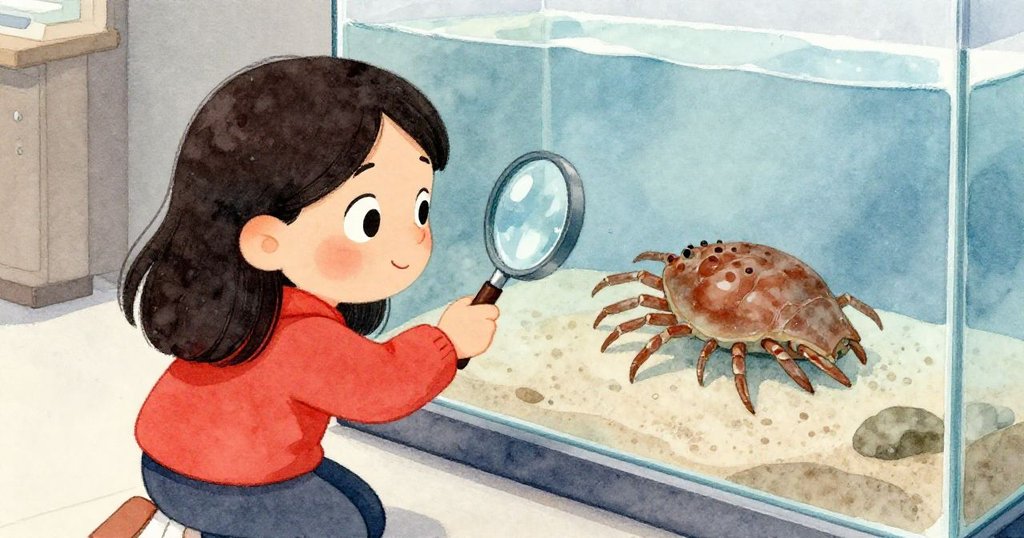 Ruby 跪在長凳旁，好奇地用放大鏡觀察玻璃內緩慢爬行的小馬蹄蟹，細節清晰呈現