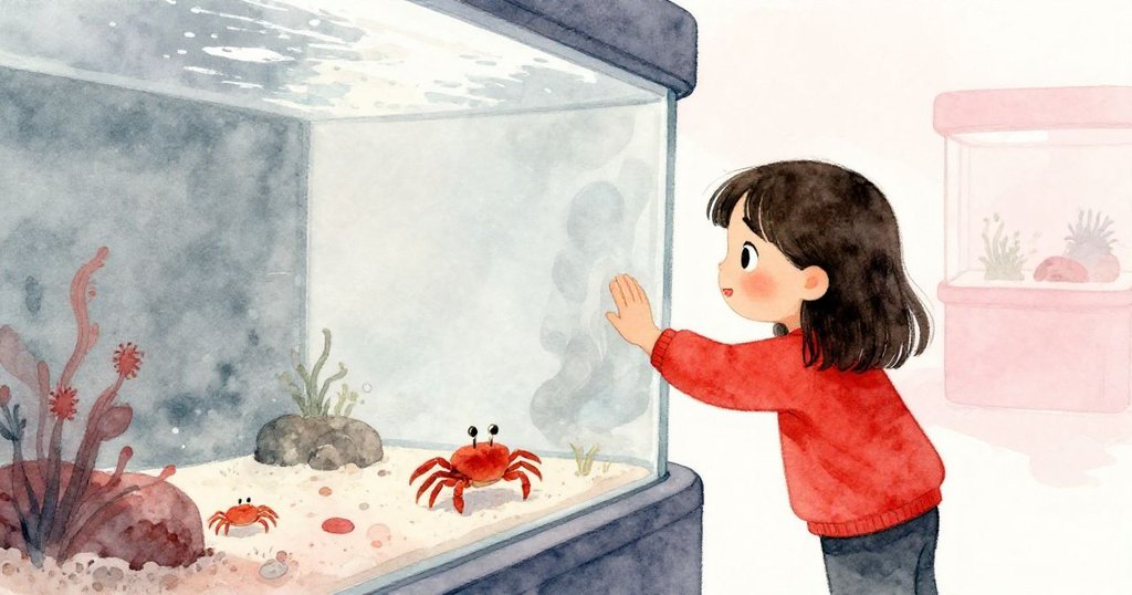 Ruby 輕觸冰涼玻璃凝望小蟹離去，場景寧靜平和，展現觀察後的釋然與溫柔告別感