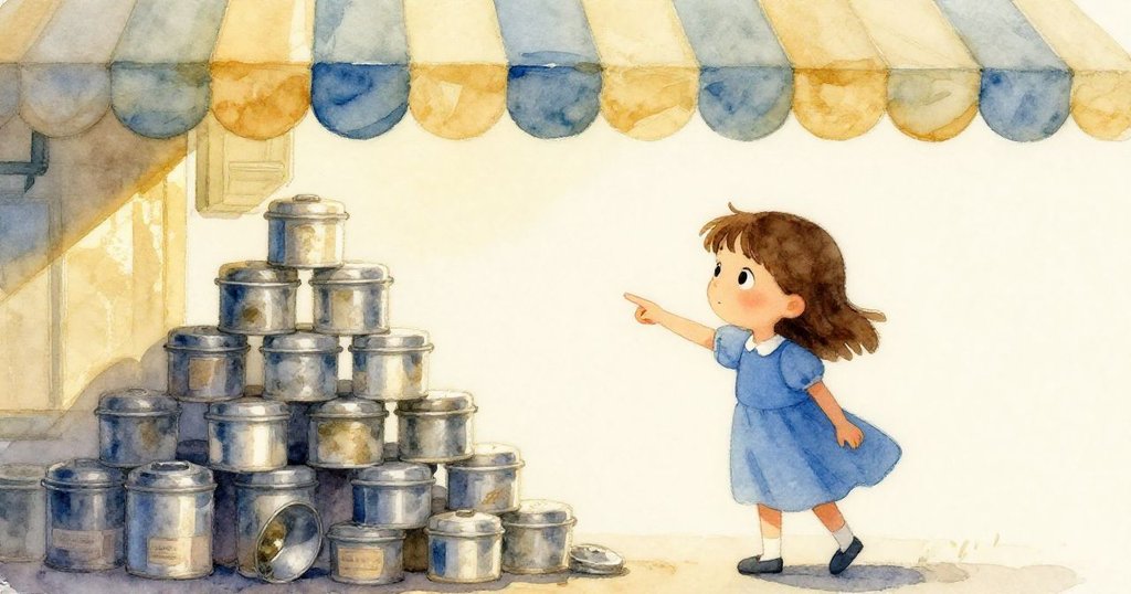 Gwen在早晨市集中指向搖晃的香料罐，背景明亮，展現期待與好奇的情緒，故事開始的場景。