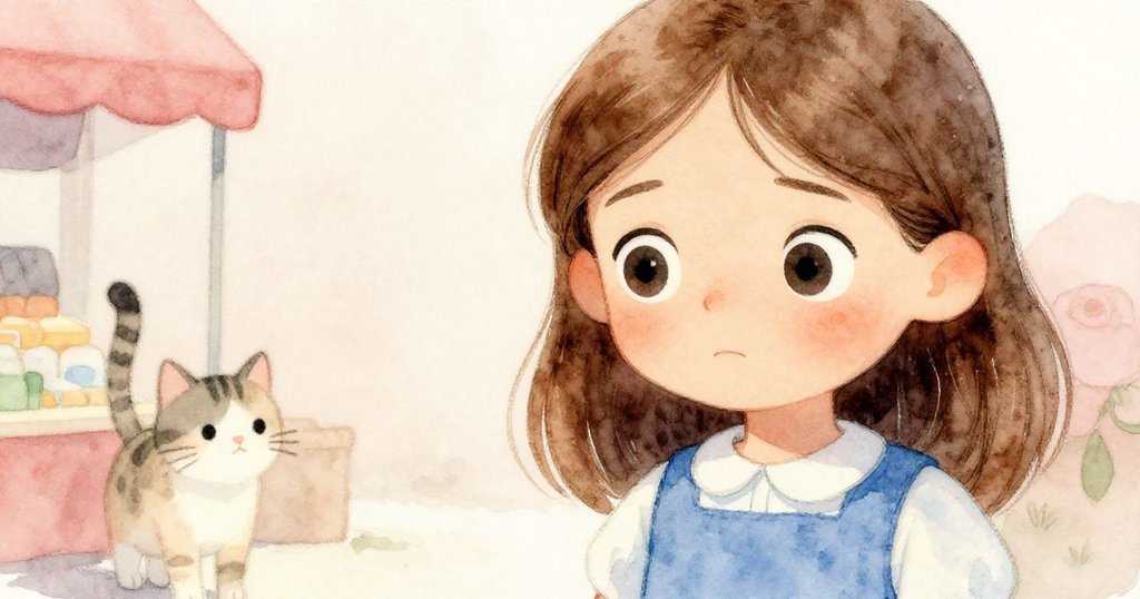 Gwen的眼睛特寫展現驚奇與關切，旁邊隱約出現市場花紋貓，情感豐富，故事漸入高潮。