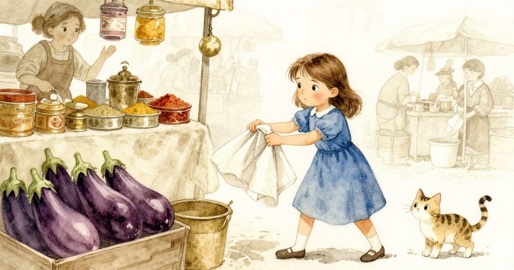 Gwen在市場攤位中拉動手巾束引發罐子傾斜，旁觀貓咪和閃亮茄子，畫面熱鬧充滿動感。