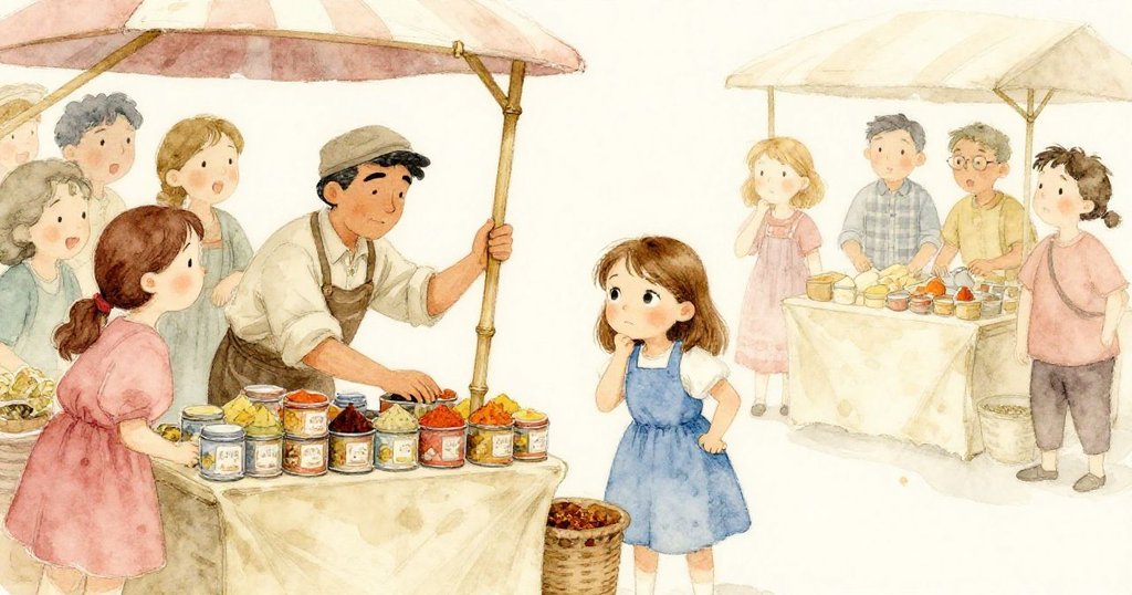 攤主用竹竿穩住傾斜罐子，周圍顧客臉上露出寬慰笑容，Gwen靜觀情勢，和解氛圍彌漫。