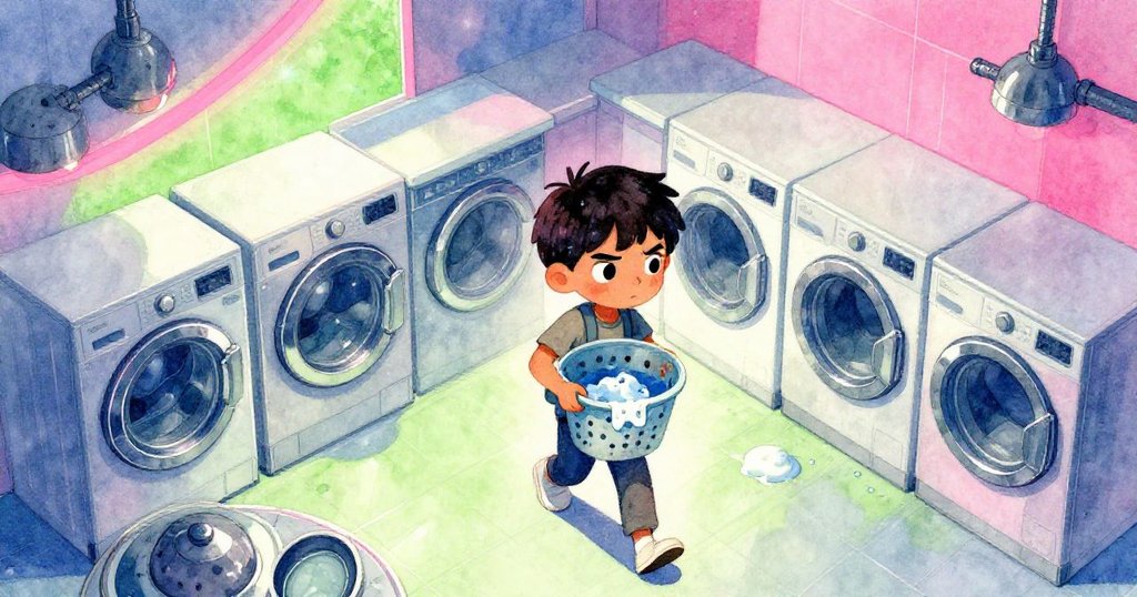 多利安提著濕重籃子,從高空俯瞰明亮洗衣房,洗衣機低鳴、門半開,表情堅毅迎接挑戰