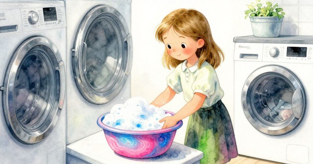 柯拉手持泡沫盆,泡沫如星雲般旋轉,背景洗衣區精緻現代,神情溫柔充滿好奇