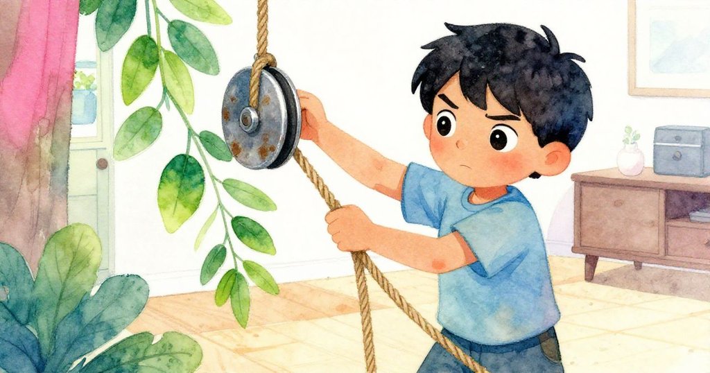 從多利安背後看,他用力纏繞繩索於生鏽滑輪,旁邊無花果樹枝輕觸衣袖,動作專注