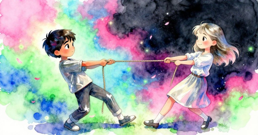 多利安與柯拉並肩拉繩,一邊現實一邊夢幻融合,光影交錯中飄著花瓣,合作中彰顯奇幻情調