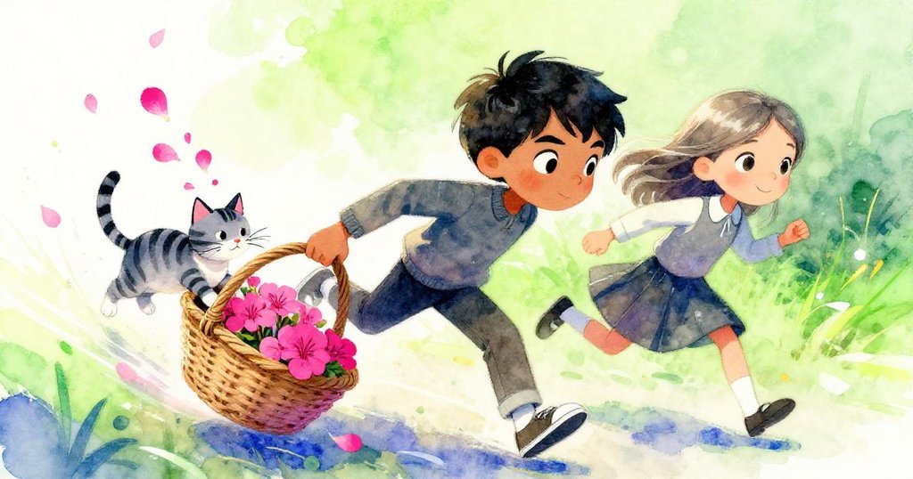 籃子在明亮秋日空中滑行,花瓣輕落條紋貓鬚上,場景動感緊張充滿期待