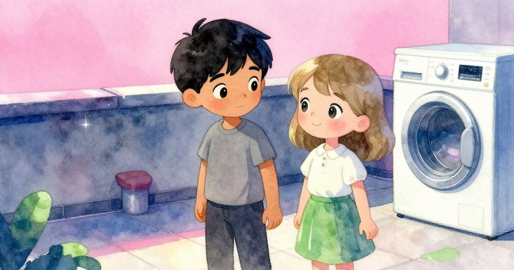 多利安與柯拉在落地處會合,臉上流露出輕鬆與成就感,洗衣機靜默旁伴隨溫柔光影