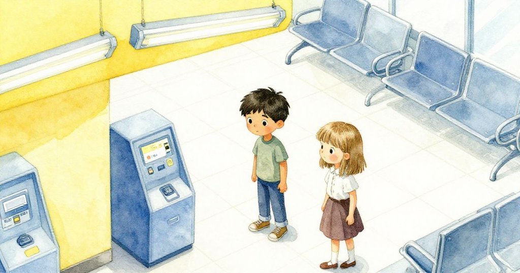 Wade和Tess在繁忙候領區互動，Wade揮舞筆尖，背景有發光燈和排隊人影，充滿期待與忙碌感。