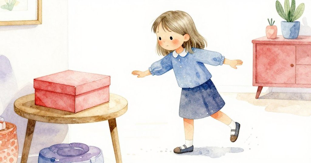 Tess堅定地走向旁邊桌子，輕觸精緻的鞋盒，地面紋理清晰，步伐中流露出期待與堅毅。