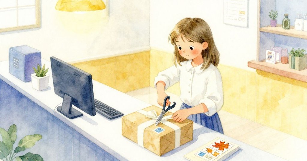Tess專注於高處工作台，用剪刀修整包裝，桌上漂浮著秋葉印章和工具，充滿細緻且寧靜的氣氛。