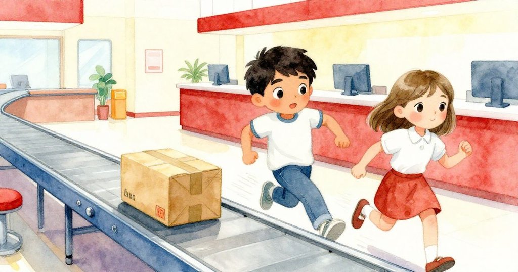 Wade與Tess急追重打包的包裹，傳送帶上飛速移動，他們滿臉急切與輕鬆交織的情感。