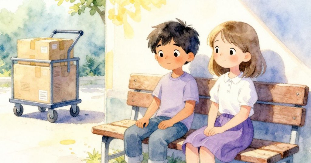 Wade和Tess在發送區長椅上安坐，臉上滿是安心笑容，背景中包裹車緩緩移動，象徵工作順利結束。