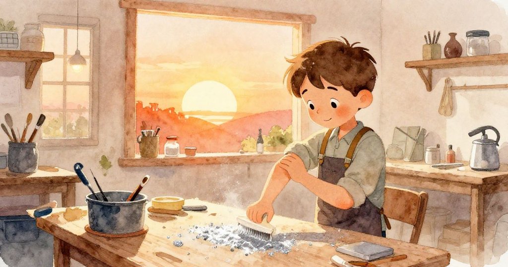 Quinn在溫暖作坊中,清理工作桌上銀白灰塵,板子輕拂手肘,表情專注,展現故事開端。