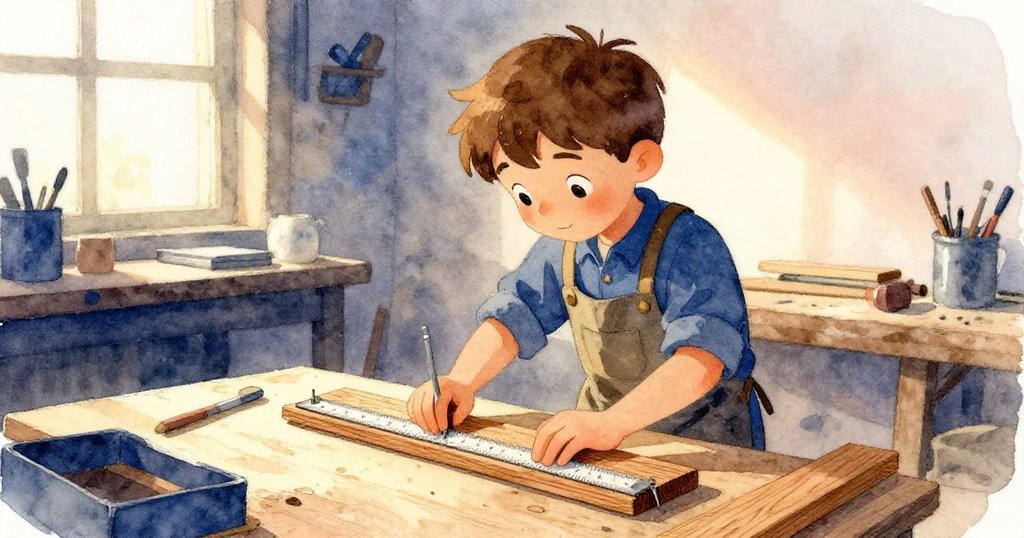 Quinn在工坊中測量木板時發現一塊扭曲老木條,神情專注,背景工具細節豐富,故事進入發展。